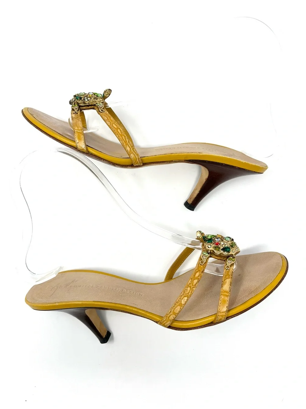 Vintage Giuseppe Zanotti Yellow Gold Crystal Turtle Sandals Kitten Heels 36 6